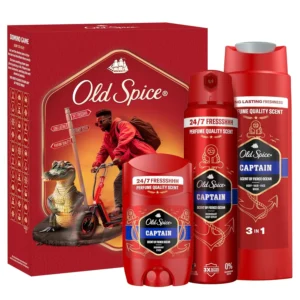 Old Spice Gentleman gift set for men includes Captain deodorant spray, deodorant stick and shower gel with a bonus domino game for a second life.