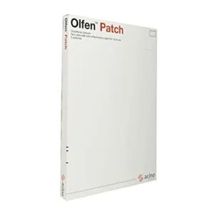 Five generic Acino Olfen pain relief patches for treating sudden strains, sprains, and bruises on hands and legs.