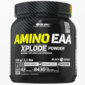 Orange flavored Olimp Amino EAA Xplode provides essential amino acids for a balanced diet and healthy lifestyle in hygienic 520g packaging.