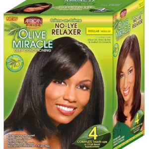 This is a four-count kit of African Pride Olive Miracle No-Lye Relaxer, a regular formula that deep conditions, detangles, and helps straighten natural curls for silky, soft, and healthy straight hair.