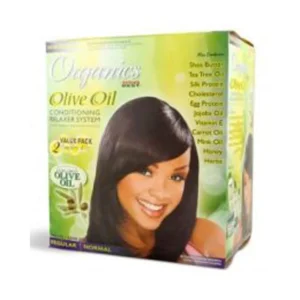 This image displays Africa's Best Organics Olive Oil Conditioning Relaxer System in Regular strength, offering two applications for hair straightening.
