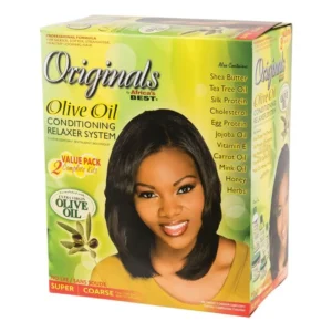 This value pack contains the Originals by Africa's Best Organics Olive Oil Conditioning Relaxer System in super strength, formulated with shea butter and tea tree oil for a relaxing and conditioning no-lye hair treatment.