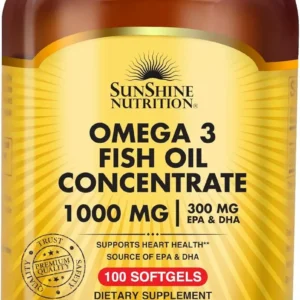 A bottle of Sunshine Nutrition Omega 3 fish oil concentrate softgels, known to reduce triglycerides, lower blood pressure, and slow plaque buildup.