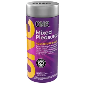 This image shows a box of ONE Mixed Pleasures condoms, offering a variety of colour sensations, glowing pleasures and pleasure dome sensations.