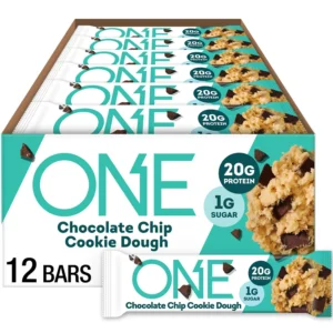 Twelve ONE gluten-free Chocolate Chip Cookie Dough protein bars providing 20g of protein and only 1g of sugar for a guilt-free, high-protein snack.