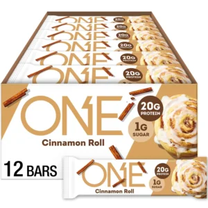 Twelve ONE gluten-free cinnamon roll protein bars provide 20g of protein and only 1g of sugar for a guilt-free, high-protein snack.