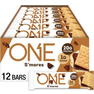 A box of ONE Smores protein bars, gluten-free with 20g of protein and only 1g of sugar, perfect for a guilt-free, high-protein snack.