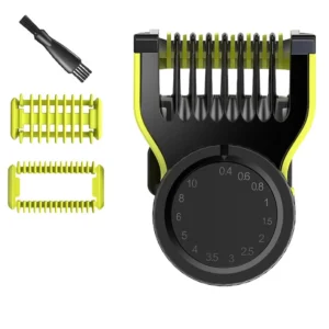 This OneBlade adjustable guard comb provides 14 different trimming lengths from 0.4mm to 10mm and includes skin guard, body comb and cleaning brush for Philips OneBlade QP2520, QP26XX, QP65XX shavers.