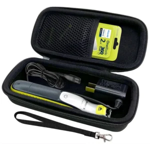 Black hard travel case designed to protect your OneBlade electric trimmer and shaver models QP2520 through QP2834, featuring water-resistant exterior, soft interior, hand strap, and accessory storage.