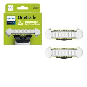 Two Philips OneBlade Intimate SkinProtect replacement blades designed for trimming and shaving sensitive skin in the intimate area with added protection against irritation.
