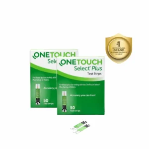 Pack of ONETOUCH Select Plus Simple blood glucose test strips, containing 50 single-use strips designed for use with the OneTouch Select Plus Simple (Black) glucometer.