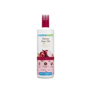 Mamaearth onion hair growth oil promotes thicker, fuller hair, reduces hair fall and strengthens hair with Redensyl, suitable for all hair types.
