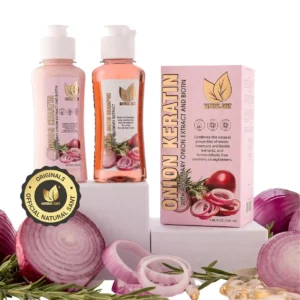 Natural onion keratin hair straightening treatment with biotin and rosemary for deep repair, smoothing, and frizz control on dry and damaged hair.