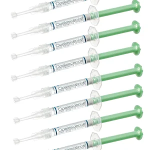 Eight syringes of Opalescence 15 percent carbamide peroxide teeth whitening gel for use with dental trays, offering a professional at-home teeth whitening experience.