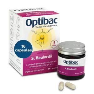 Vegan Optibac Saccharomyces Boulardii capsules in a recyclable glass jar provide well-researched digestive support for adults and children.