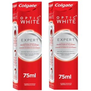 Two-pack of Colgate Optic White Expert Whitening Toothpaste promises visibly whiter teeth in 5 days with its enamel-safe, professional whitening formula, packaged in an easy-to-use recyclable tube.
