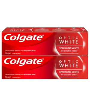 Colgate Optic White Sparkling White toothpaste visibly whitens teeth in one week, removes surface stains, and prevents tartar buildup for a brighter, healthier smile.