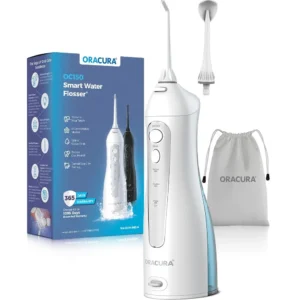 White Oracura water flosser with two nozzles, a USB charging cable, and a user manual for effective plaque removal and improved gum health.