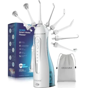 The ORACURA OC200 water flosser provides advanced dental cleaning with 8 pressure settings, 8 nozzle tips, a rechargeable battery for travel, and a waterproof design for easy use.