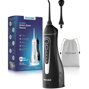 The ORACURA Smart PLUS Water Flosser OC200 in black provides a thorough teeth cleaning with its 5 tips, custom 8-speed mode, and rechargeable battery for improved oral hygiene and gum health, ideal for travel and dental work maintenance.