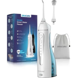 The Oracura OC200 Lite water flosser in white effectively removes plaque with 8 water pressure settings and 4 modes for improved oral hygiene, including a pulse mode for healthier gums, and comes with five nozzles and a USB charging cable.