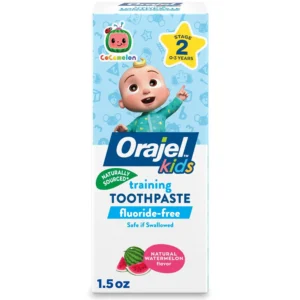 Orajel CoComelon fluoride-free training toothpaste gently cleans teeth and gums while making brushing fun with a natural watermelon flavor.