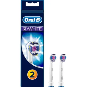 A pack of two Oral-B 3D White replacement brush heads for a whiter smile and thorough cleaning.