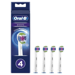 A pack of four Oral-B 3D White electric toothbrush replacement heads featuring CleanMaximiser technology, indicating when to replace the brush for whiter teeth.