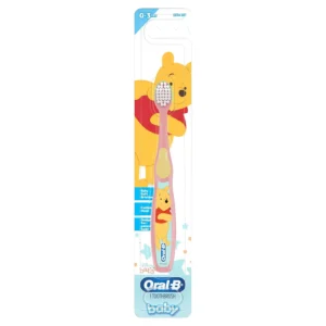 Oral-B baby toothbrush featuring Disney's Pooh, designed with baby-soft bristles and a cushioned head for gentle cleaning and gum protection for ages 0-3.