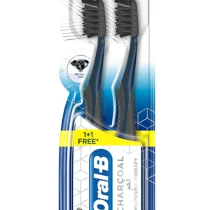 This image shows a pack of two Oral-B Charcoal Soft Whitening Therapy toothbrushes designed to gently clean teeth and gums while removing surface stains.