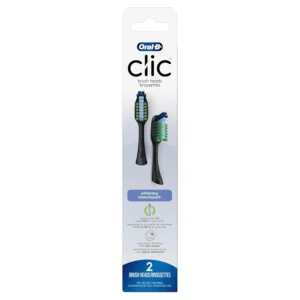 Two Oral-B Clic replacement brush heads featuring CrissCross bristles with x-filament technology for exceptional plaque removal, designed to fit all Clic handles and be replaced every three months.