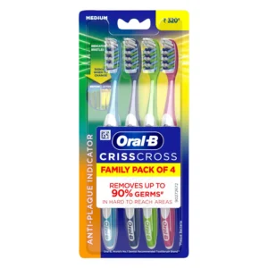 This is a four pack of Oral-B Criss Cross toothbrushes with medium bristles, angled for effective plaque removal and featuring a tongue cleaner.