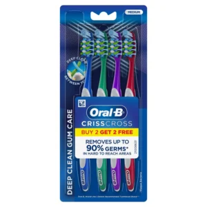 This is a four-pack of Oral-B CrissCross Gum Care toothbrushes designed to remove plaque and surface stains, featuring crisscross bristles angled to clean between teeth and along the gumline.