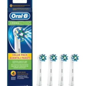 Four Oral-B Cross Action replacement brush heads angled to reach deep between teeth for superior plaque removal and healthier gums.