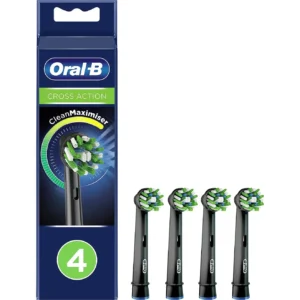 Four black Oral-B CrossAction replacement brush heads, designed with 16-degree angled bristles to remove plaque and whiten teeth, compatible with most Oral-B electric toothbrushes.