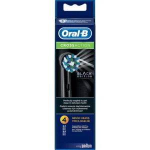 A pack of four black Oral-B CrossAction replacement toothbrush heads with angled bristles for deep cleaning and plaque removal, featuring indicator bristles that fade to signal when it's time to replace the head.