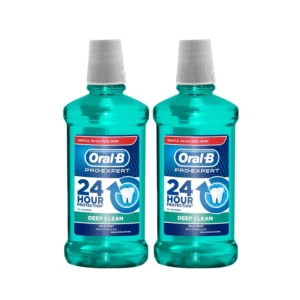 Two bottles of Oral-B Pro-Expert Deep Clean 500ml mouthwash, offering active clean crystals for deep cleaning, preventing tartar, whitening teeth, and protecting against enamel erosion.