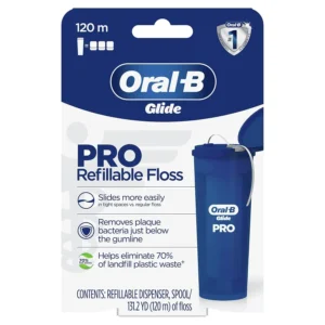 This Oral-B Glide PRO refillable dental floss starter kit includes a refillable dispenser and a 120-meter spool of shred-resistant floss that easily slides between tight teeth, helping to reduce landfill plastic waste.