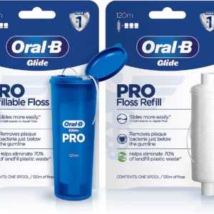 Oral-B Glide PRO refillable dental floss starter kit with two floss refills, providing 240 meters of shred-resistant floss.