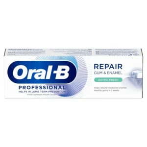Oral-B Gum & Enamel Repair Toothpaste helps rebuild weakened enamel and protect against acid erosion, promoting healthier gums and teeth with twice daily brushing.