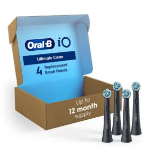 A pack of four black Oral-B iO Ultimate Clean replacement brush heads designed for Oral-B iO electric toothbrushes, providing a deep clean and promoting healthy gums.