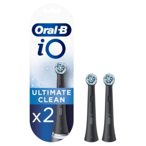 A pack of two black Oral-B iO Ultimate Clean replacement brush heads with angled bristles for up to 100% plaque removal.