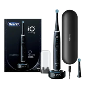 The Oral-B iO Series 10 Cosmic Black toothbrush features AI-powered 3D teeth tracking, smart pressure control, and a personalized interactive display for effective and convenient cleaning.