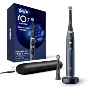 The Oral-B iO rechargeable electric toothbrush in black provides a deep clean, protects gums, and includes two replacement brush heads and a travel case for convenient brushing on the go.