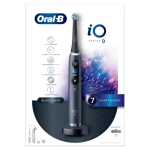 Black Oral-B iO 9 electric toothbrush with magnetic charging travel case, featuring a color display and personalized cleaning modes for healthier gums.