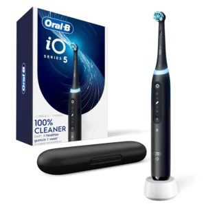The Oral-B iO Series 5 rechargeable electric toothbrush in black, featuring a visible pressure sensor to protect gums and ensure a thorough clean.