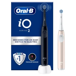 The Oral-B iO Series 2 electric toothbrush duo pack in night black and calm pink offers superior cleaning with magnetic technology and gentle gum protection for a noticeably clean mouth.