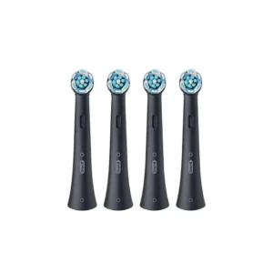 A pack of four Oral-B iO Ultimate Clean black toothbrush heads, designed for up to 100% plaque removal and compatible with Oral-B iO electric toothbrushes, featuring innovative bristles and a dentist-recommended replacement schedule.