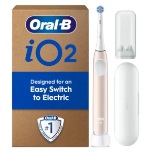 Oral-B iO2 Calm Pink electric toothbrush with iO technology for cleaner teeth and gentle gum care, includes one toothbrush head, travel case and refill holder.