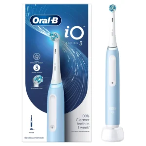 The Oral-B iO3 electric toothbrush in blue provides a superior clean, removes plaque, and protects gums with its pressure sensor and personalized modes for daily clean, sensitive, and whitening.